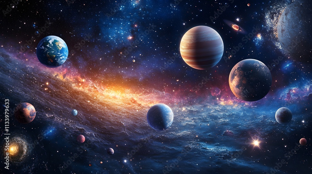 Celestial Bodies Orbiting Within A Vivid Galaxy Celestial Bodies Orbiting Within A Vivid Galaxy