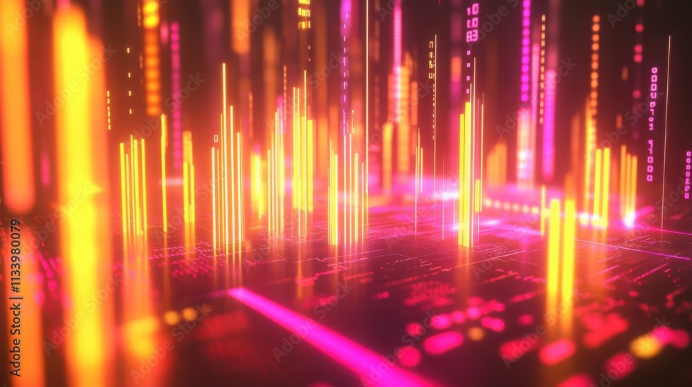 A futuristic neon yellow and pink candlestick chart for 2025, surrounded by glowing data points. A futuristic neon yellow and pink candlestick chart for 2025, surrounded by glowing data points.