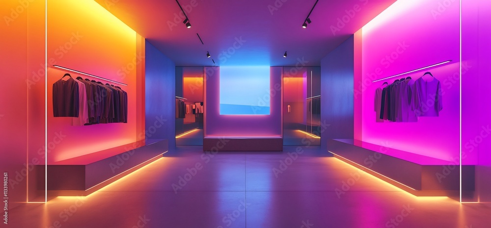 A modern retail space with colorful lighting and clothing displays. A modern retail space with colorful lighting and clothing displays.