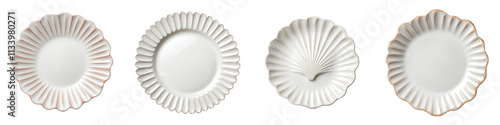 Elegant white ceramic plates with scalloped shell like shapes arranged in a simple minimalist studio setting  Tableware backdrop for food restaurant or dining concept photography photo