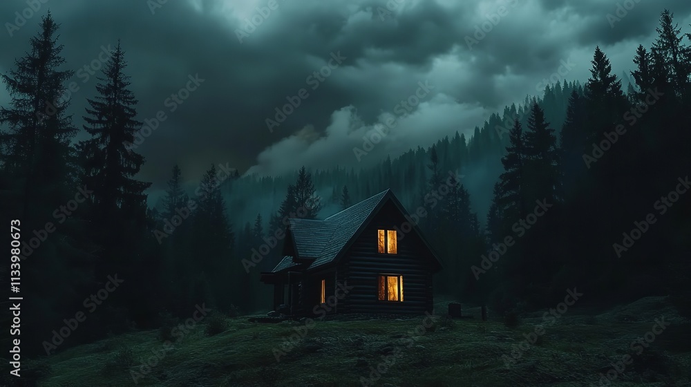 A rustic cabin sits quietly in fog, surrounded by towering trees, creating serene and mysterious atmosphere. warm glow from windows contrasts beautifully with cool mist A rustic cabin sits quietly in fog, surrounded by towering trees, creating serene and mysterious atmosphere. warm glow from windows contrasts beautifully with cool mist