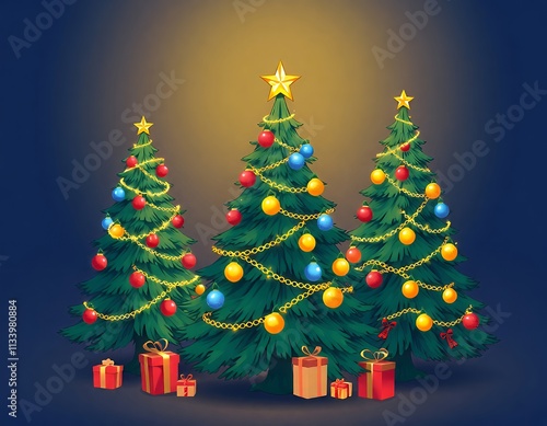 there are two christmas trees with presents under them on a dark background. photo