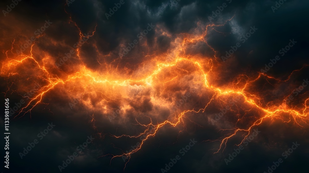 Fiery Orange Lightning Strikes Across Dark Storm Clouds Fiery Orange Lightning Strikes Across Dark Storm Clouds