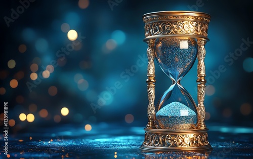 A goldenframed hourglass with intricate patterns, surrounded by a countdown motif on a luminous blue gradient photo