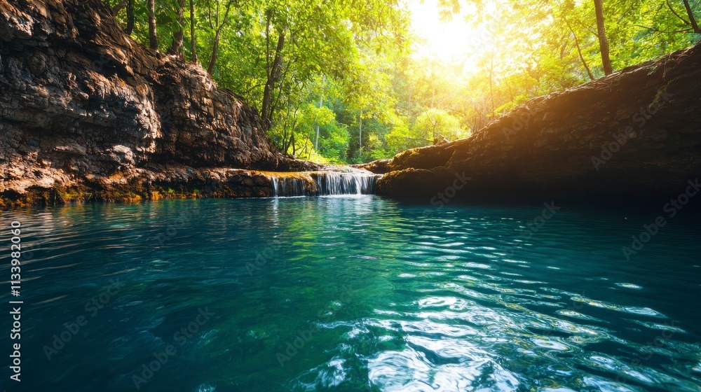 Naklejka premium Serene Natural Oasis with Crystal Clear Water and Cascading Waterfall Surrounded by Lush Green Forest and Sunlight Filtering Through Trees