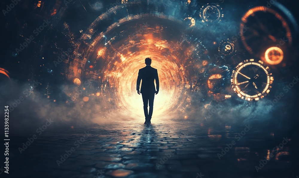 A silhouette walks towards a glowing portal surrounded by clocks and mist. A silhouette walks towards a glowing portal surrounded by clocks and mist.