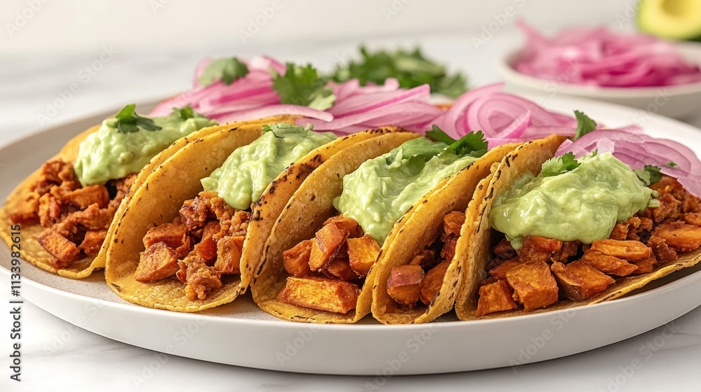 A plate of tacos filled with meat, topped with guacamole and garnished with onions and cilantro. A plate of tacos filled with meat, topped with guacamole and garnished with onions and cilantro.