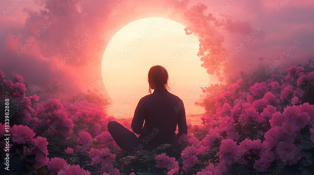 Obraz premium Woman Meditating at Sunset: Peaceful Nature Scene