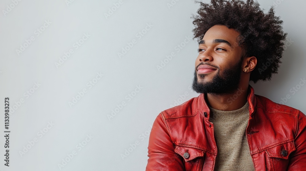 A smiling man with curly hair and a beard, wearing a red jacket, gazes thoughtfully to the side against a plain background. A smiling man with curly hair and a beard, wearing a red jacket, gazes thoughtfully to the side against a plain background.