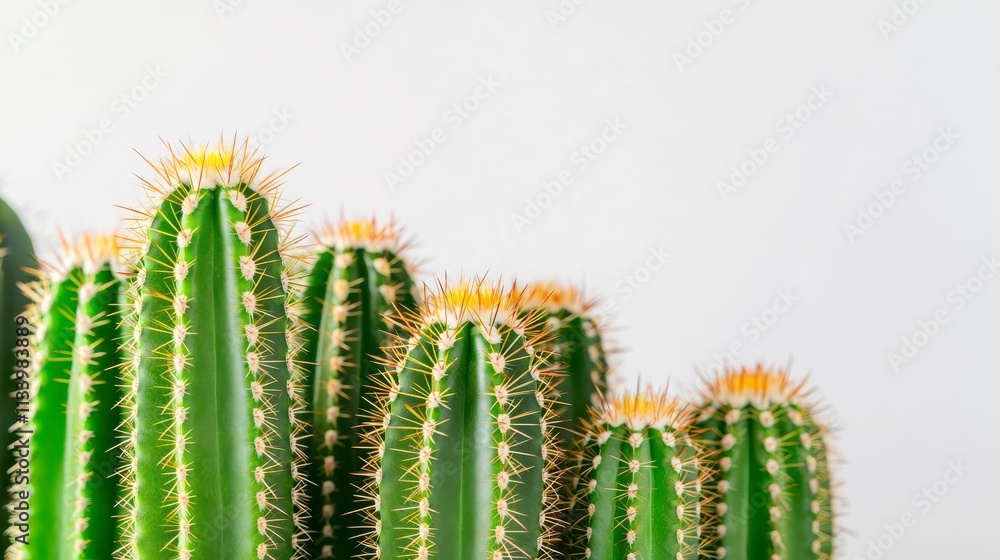Close-Up View of Vibrant Green Cacti with Yellowish Spines Against a Light Background, Ideal for Nature Themes and Interior Decoration Inspiration Close-Up View of Vibrant Green Cacti with Yellowish Spines Against a Light Background, Ideal for Nature Themes and Interior Decoration Inspiration