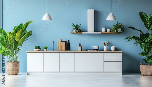 A stylish modern kitchen with light blue walls, modern furniture, indoor plants, and creative placement of kitchen utensils for a chic and functional space