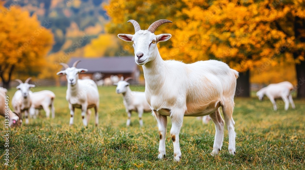 Obraz premium White Goat Standing in Autumn Pasture Surrounded by Yellow Trees and Other Goats, Representing Nature, Agriculture, and Farm Life in Vibrant Scenery