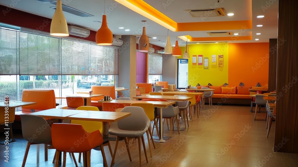 Office canteen with bright interiors, a variety of seating options, and contemporary decor, filled with a casual lunchtime vibe Office canteen with bright interiors, a variety of seating options, and contemporary decor, filled with a casual lunchtime vibe