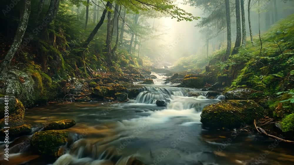 lush green forest with beautiful creek flow in the middle of forest, mossy rock ground lush green forest with beautiful creek flow in the middle of forest, mossy rock ground