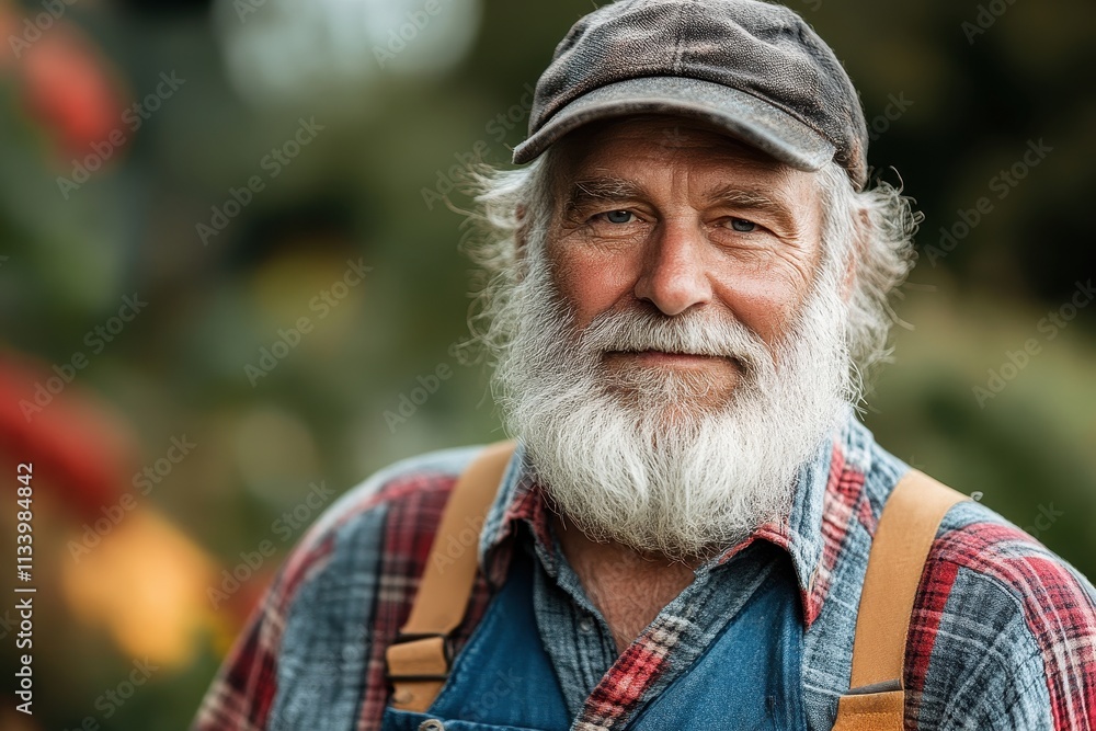Smiling senior farmer in overalls and plaid shirt. Perfect for agriculture, rural life, and aging themes. Smiling senior farmer in overalls and plaid shirt. Perfect for agriculture, rural life, and aging themes.