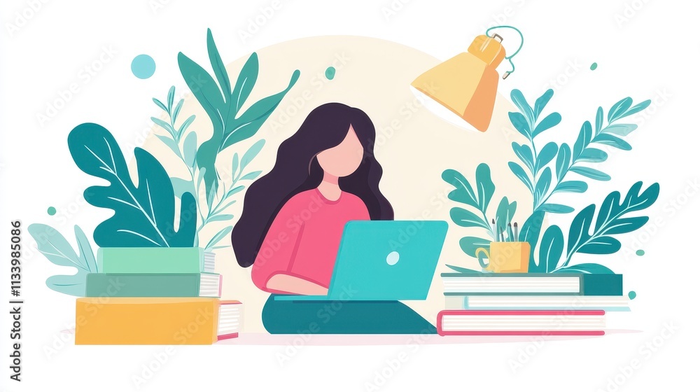 Woman works on laptop amidst plants & books. Illustrates remote work, study, or creative process. Woman works on laptop amidst plants & books. Illustrates remote work, study, or creative process.