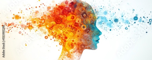 An abstract human head silhouette with dynamic gears and colorful paint splashes, evoking the creativity and innovative power of the mind and technology photo