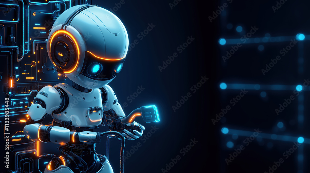 3D Futuristic Robot Mechanic Repairing High-Tech Plumbing with Illuminated Tools in Clean, Minimalist Background 3D Futuristic Robot Mechanic Repairing High-Tech Plumbing with Illuminated Tools in Clean, Minimalist Background