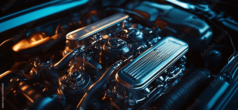 Close-up of a car engine showcasing intricate mechanical components. Close-up of a car engine showcasing intricate mechanical components.