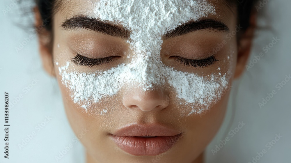 A close-up of a woman with a facial mask made of white powder, eyes closed, suggesting a skincare or relaxation routine. A close-up of a woman with a facial mask made of white powder, eyes closed, suggesting a skincare or relaxation routine.