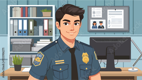 a male cop smiles and poses in his office