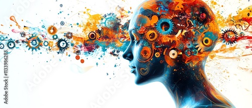 An imaginative abstract art piece featuring a human head silhouette, with dynamic gears and colorful paint splashes representing ideas, creativity, and technological innovation photo