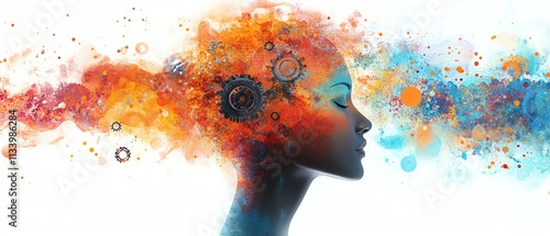 An imaginative abstract art piece featuring a human head silhouette, with dynamic gears and colorful paint splashes representing ideas, creativity, and technological innovation photo