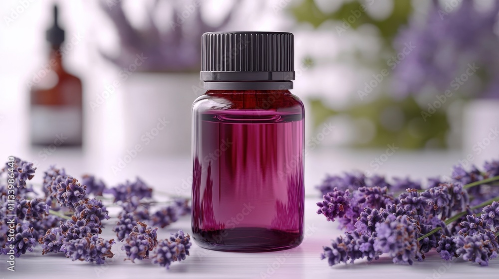 A purple glass bottle surrounded by lavender flowers, suggesting a calming essence or essential oil. A purple glass bottle surrounded by lavender flowers, suggesting a calming essence or essential oil.