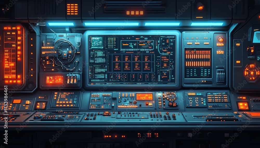 Central control panel for nuclear power plant reactor, complex electrical station design with digital screens and monitoring equipment, AIgenerated futuristic tech Central control panel for nuclear power plant reactor, complex electrical station design with digital screens and monitoring equipment, AIgenerated futuristic tech