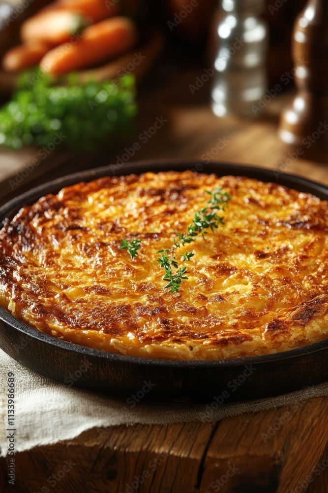 A golden-brown baked dish garnished with herbs, served in a rustic setting. A golden-brown baked dish garnished with herbs, served in a rustic setting.