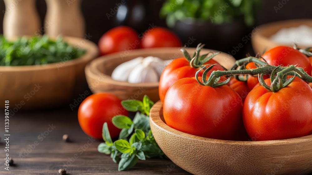 Fresh Red Tomatoes on Wooden Table Surrounded by Herbs and Spices in a Rustic Kitchen Setting Ideal for Culinary and Food Photography Projects Fresh Red Tomatoes on Wooden Table Surrounded by Herbs and Spices in a Rustic Kitchen Setting Ideal for Culinary and Food Photography Projects