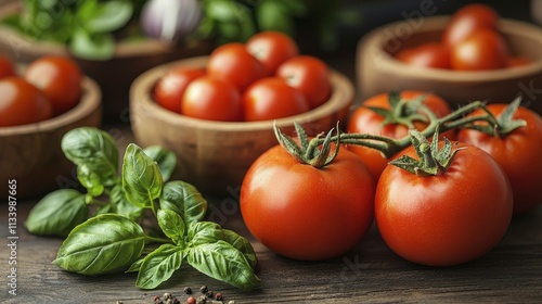 Fresh Red Tomatoes and Basil on Wooden Table with Rustic Bowls of Cherry Tomatoes in a Cozy Kitchen Setting, Perfect for Culinary Illustrations and Food Preparation Images