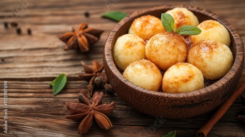 Wallpaper Mural A wooden bowl filled with round, sweet dumplings, garnished with mint and spices. Torontodigital.ca