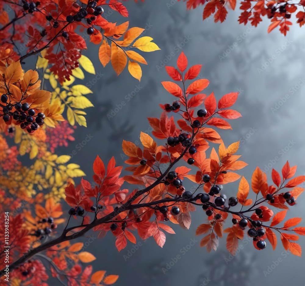 Branch with colorful leaves and black chokeberry, natural scenery, autumn colors Branch with colorful leaves and black chokeberry, natural scenery, autumn colors
