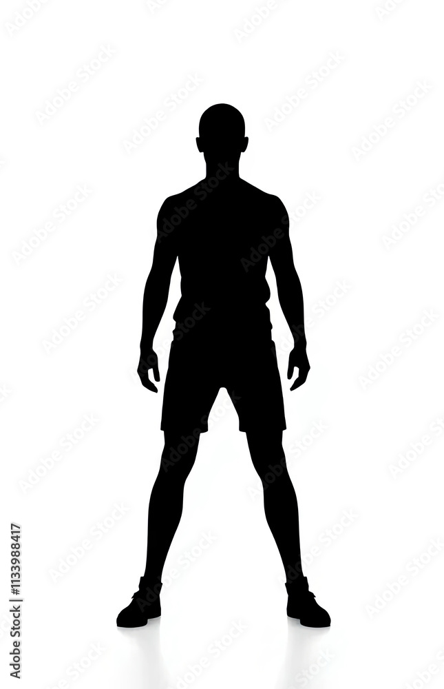 A black silhouette of a man's full body in shorts and a T-shirt isolated on a white background A black silhouette of a man's full body in shorts and a T-shirt isolated on a white background