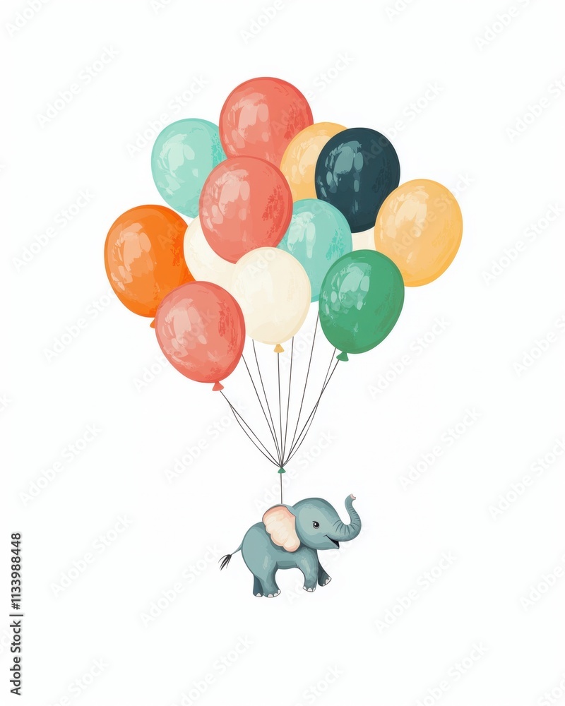 An elephant floating with colorful balloons, evoking whimsy and joy. An elephant floating with colorful balloons, evoking whimsy and joy.