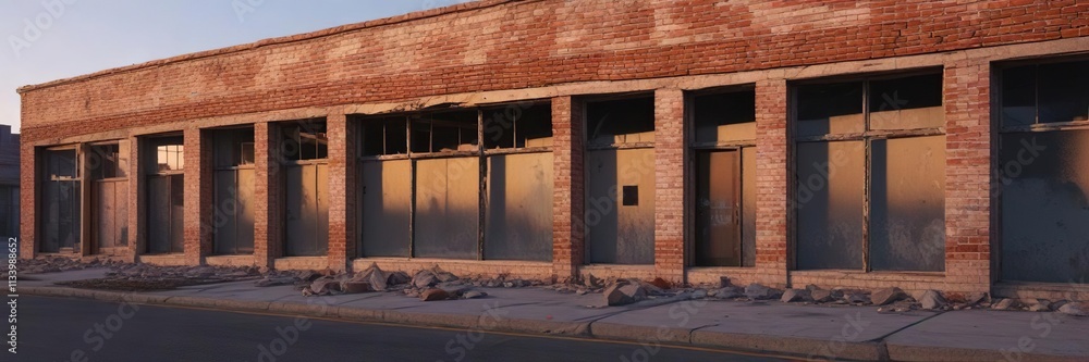 Fototapeta premium Abandoned retail building with bricked windows and peeling paint at dusk, decay, decreased lighting