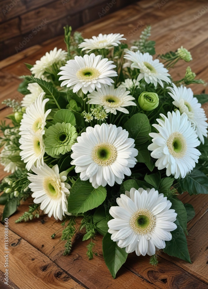 Fototapeta premium A lush bouquet of green roses and white gerbera flowers placed on a rustic wooden table , flowers, earthy, organic