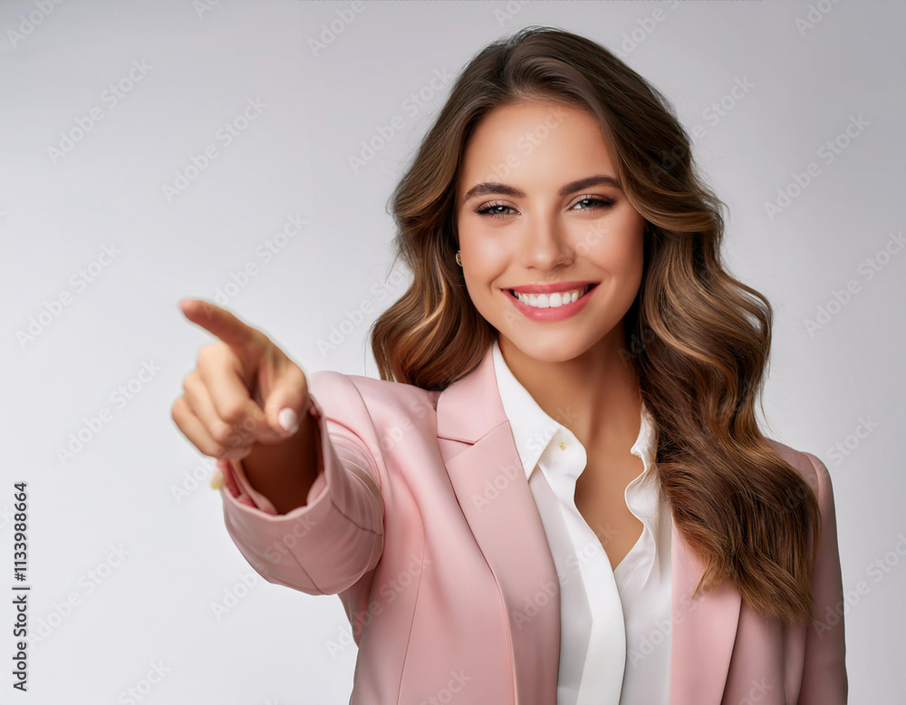 Ambitious Young Female Entrepreneur in Light Pink Suit Smiling and Pointing Finger Ambitious Young Female Entrepreneur in Light Pink Suit Smiling and Pointing Finger