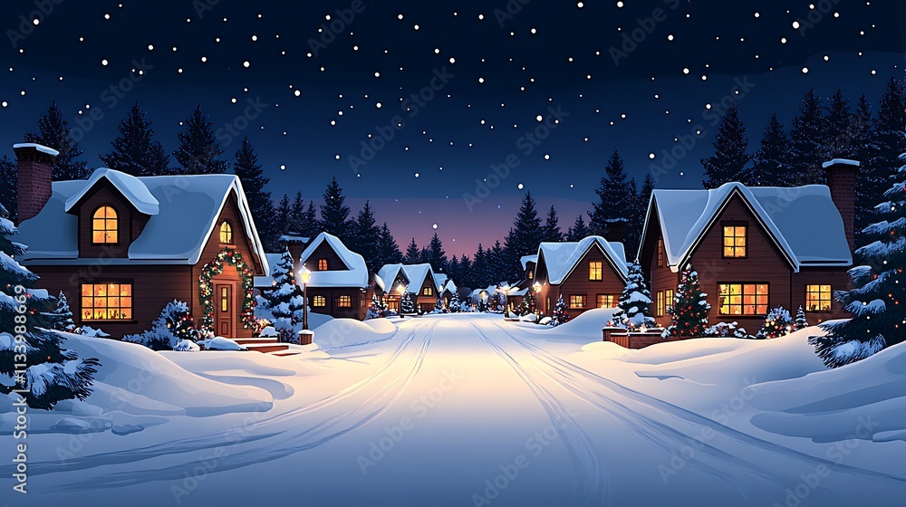 Fototapeta premium A Snowy Christmas Village Street at Night