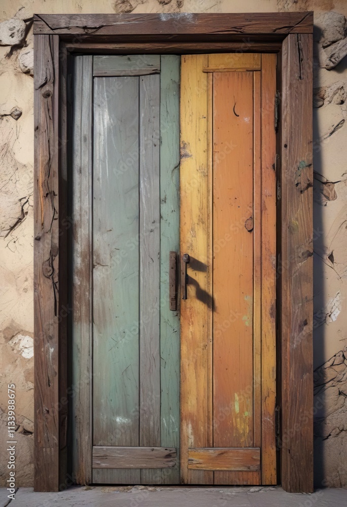 An old, worn-out door with a small crack in the frame, worn door, old door, aged door An old, worn-out door with a small crack in the frame, worn door, old door, aged door