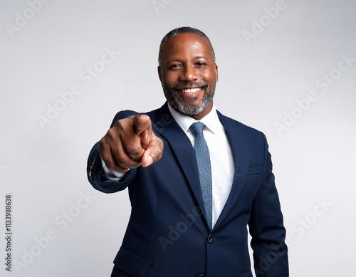 Stylish Middle-Aged Black Businessman in Navy Suit Pointing Directly