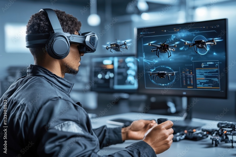 Futuristic Technology Interaction with Virtual Reality and Drones in a Modern Workspace Featuring a Focused User Engaging with Advanced Control Systems Futuristic Technology Interaction with Virtual Reality and Drones in a Modern Workspace Featuring a Focused User Engaging with Advanced Control Systems