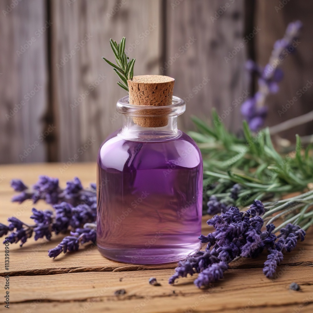 A bottle of lavender oil sits on a wooden table next to a branch with a delicate sprig of dried lavender tucked into its curves, wood decor, forest A bottle of lavender oil sits on a wooden table next to a branch with a delicate sprig of dried lavender tucked into its curves, wood decor, forest