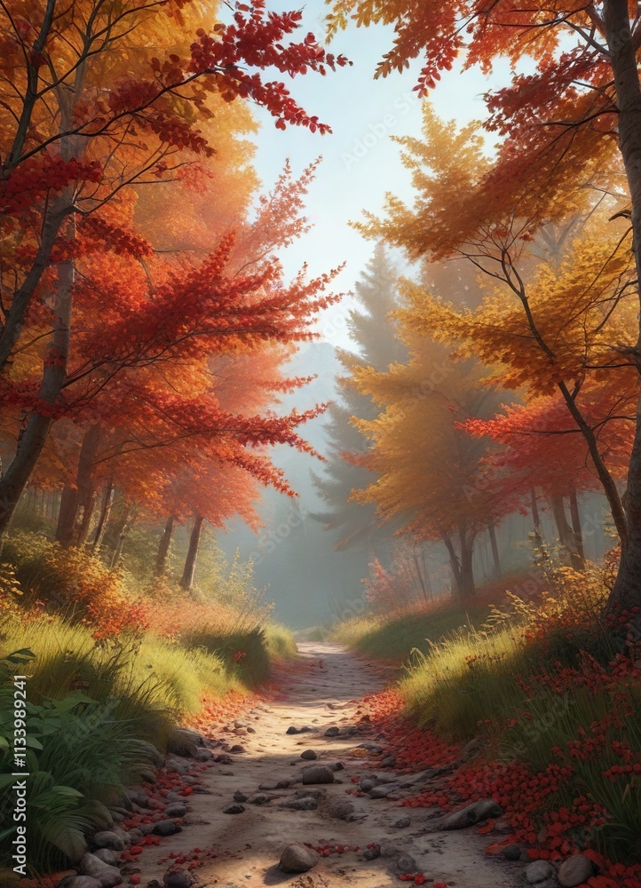 Obraz premium Autumnal Landscape with Red Berries and Green Leaves, green leaves, forest scenery, tree branches
