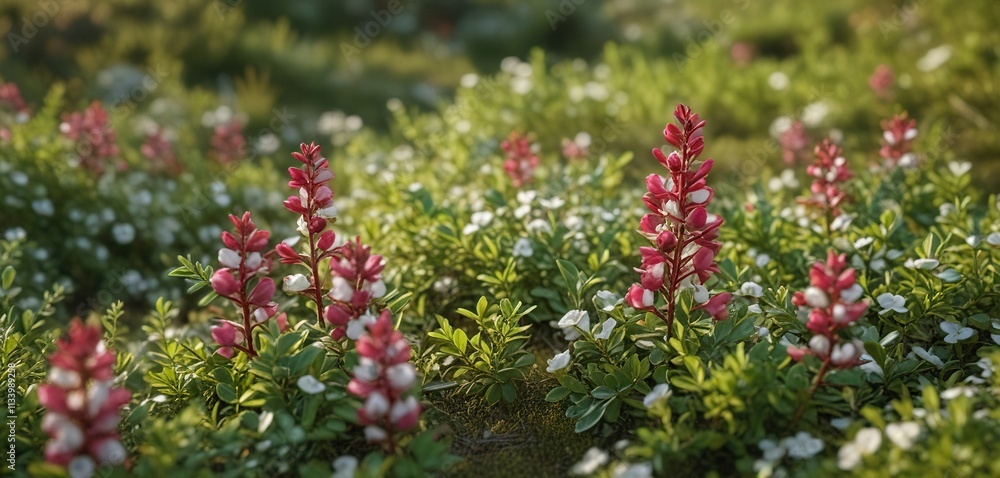 Fototapeta premium Bearberry plants with flowers Arctostaphylos uva ursi in a meadow, arctostaphylos uva ursi, wildflower