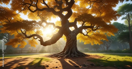 Bodhi tree in the garden with sunlight filtering through leaves, gardening, foliage, sunlight photo