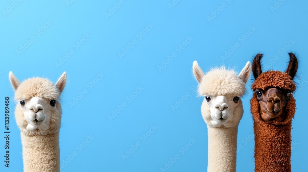 Obraz premium Playful alpacas pose against blue background fun animal portraits studio setting whimsical perspective
