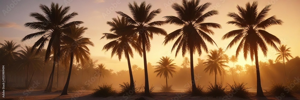 Softly lit palm trees with warm golden light during tranquil evening hours, golden light, relaxing scene Softly lit palm trees with warm golden light during tranquil evening hours, golden light, relaxing scene
