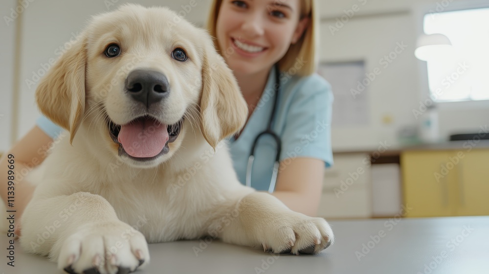 Veterinarian examines happy golden retriever puppy in clinic indoor setting bright and welcoming environment Veterinarian examines happy golden retriever puppy in clinic indoor setting bright and welcoming environment